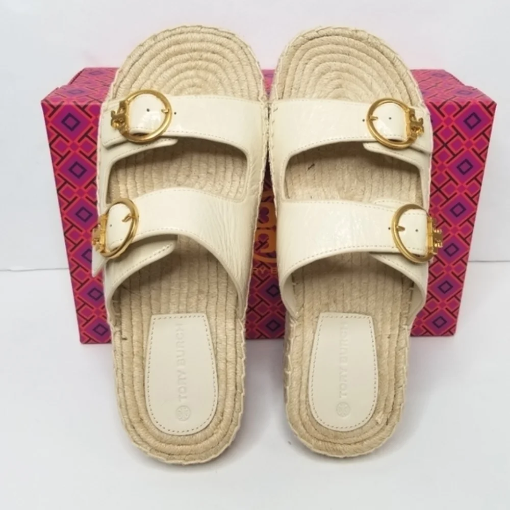Tory Burch Selby Cream Leather Two Band Espadrille Slides